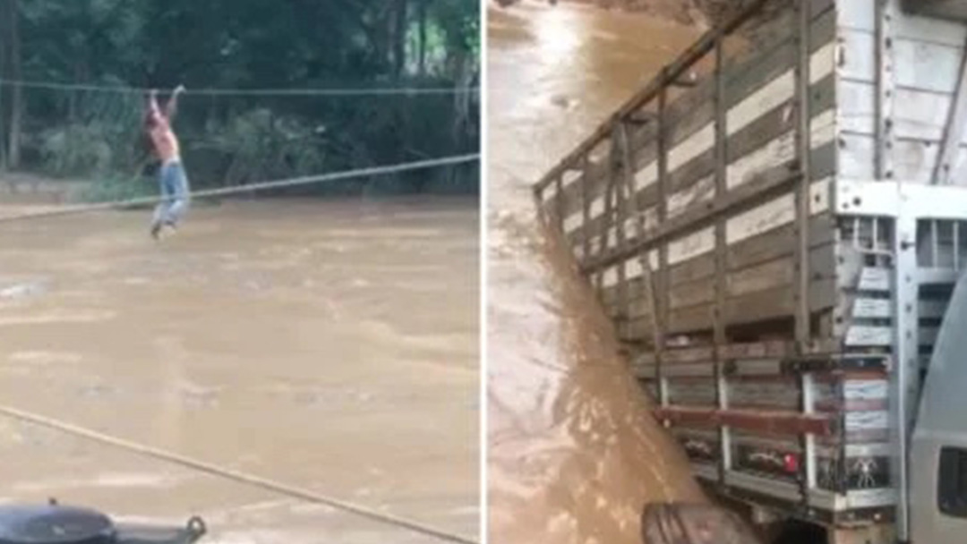 Homem pendurado em cabos